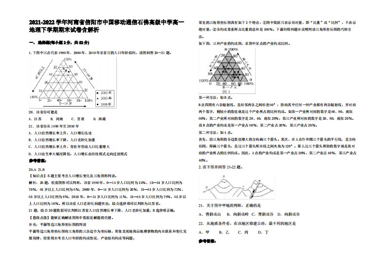 2021-2022学年河南省信阳市中国移动通信石佛高级中学高一地理下学期期末试卷含解析