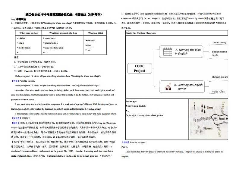 浙江省2022年中考英语真题分类汇编：书面表达（材料写作）（附解析）