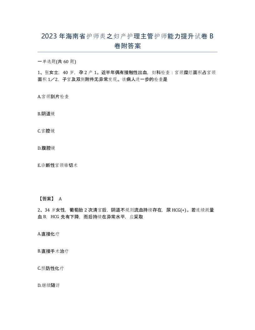 2023年海南省护师类之妇产护理主管护师能力提升试卷B卷附答案