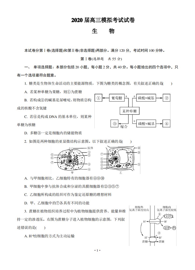 2020届高三生物模拟考试试卷(1)