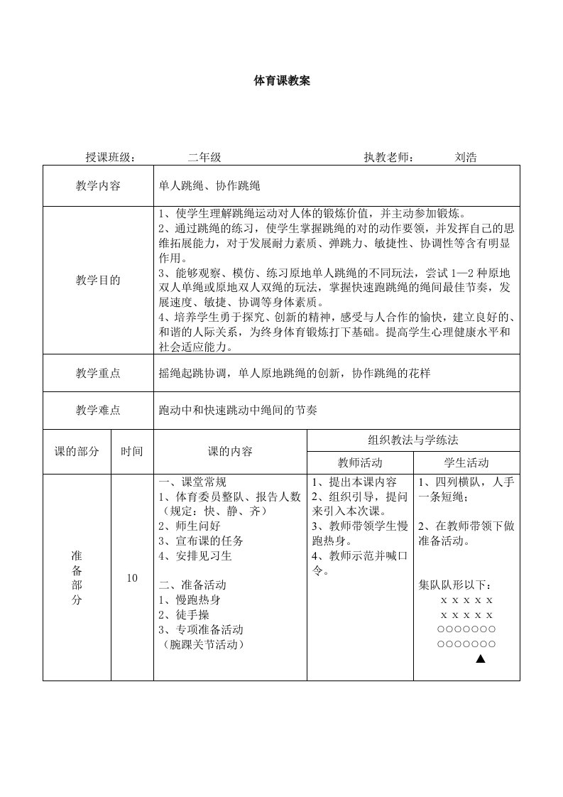 小学2年级体育跳绳课教案