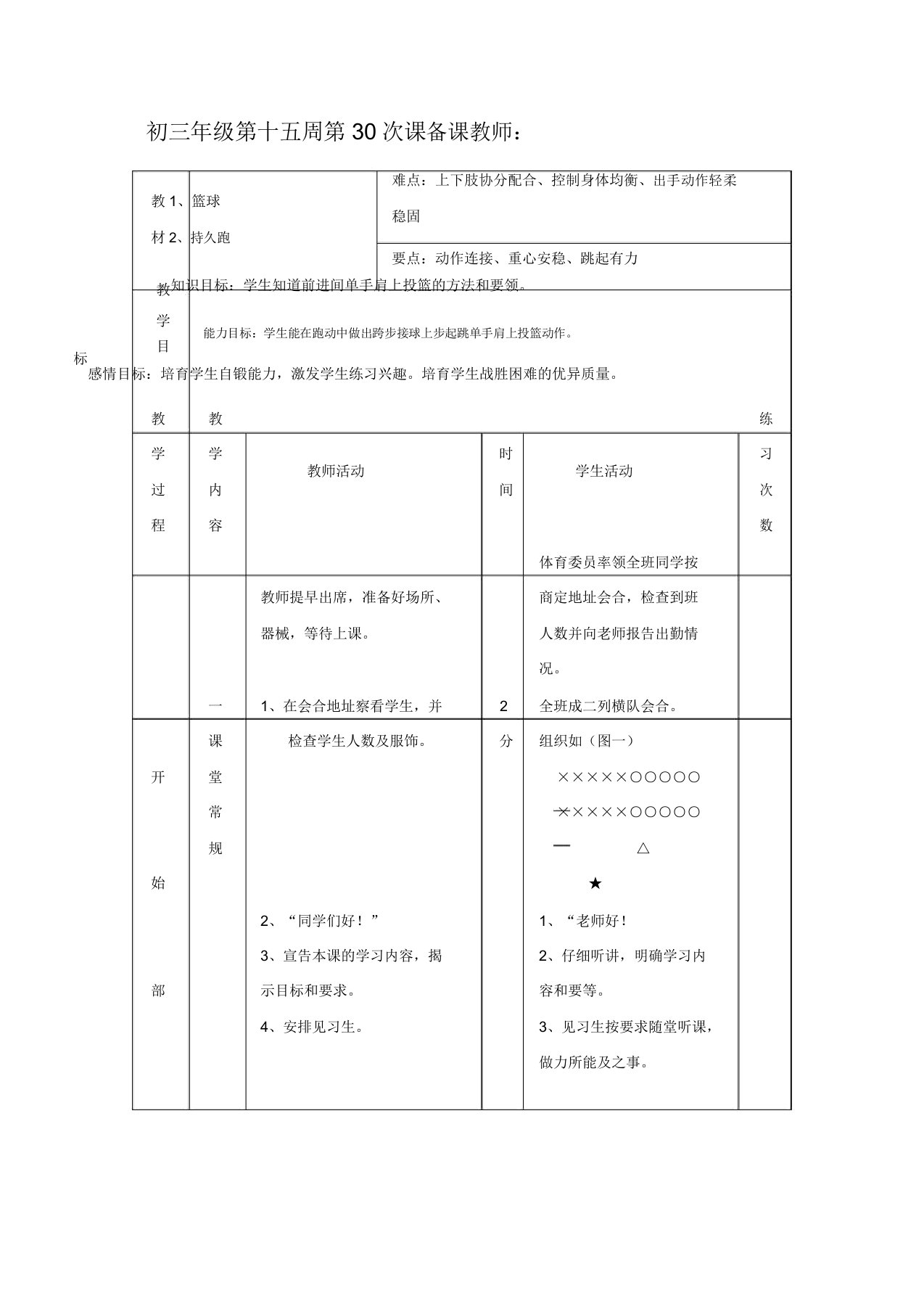 初三体育与健康教案集：篮球、耐久跑