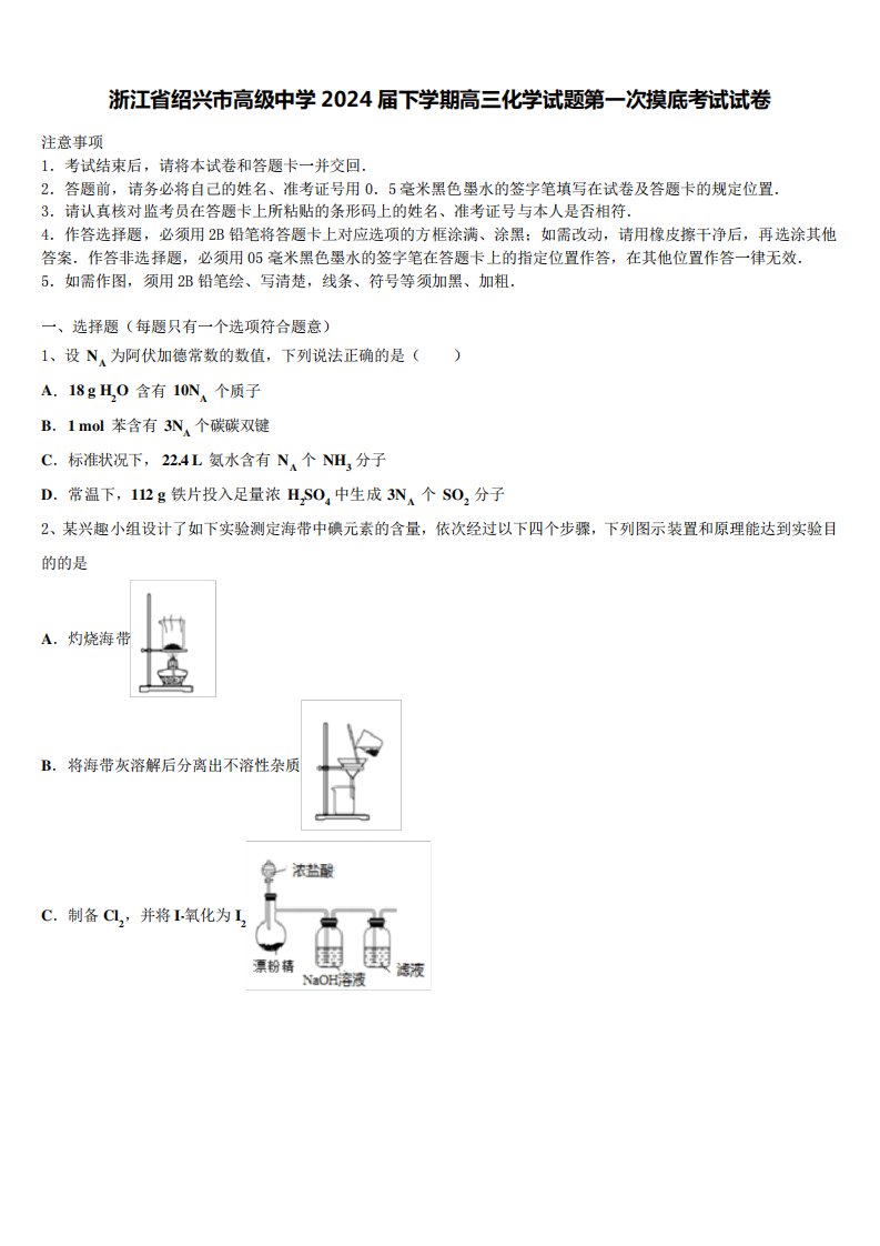 2024届下学期高三化学试题第一次摸底考试试卷含解析