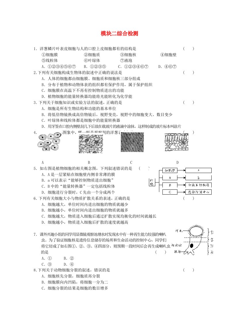 广东省2022中考生物模块二生物体的结构层次综合检测