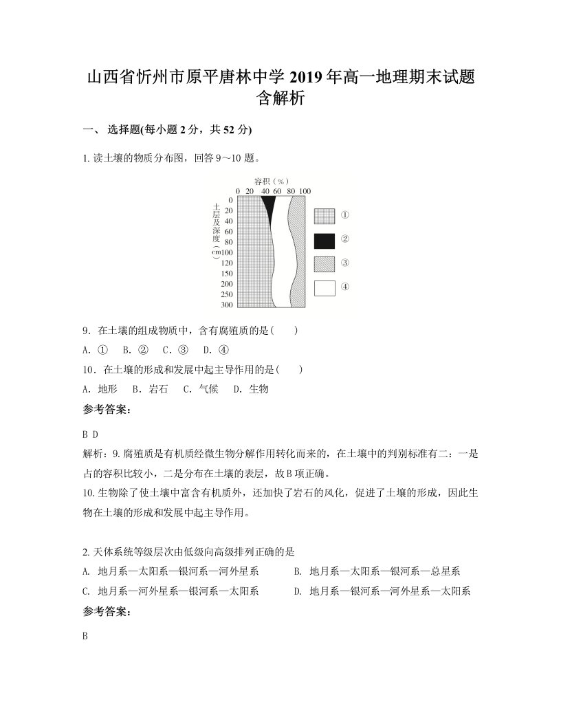 山西省忻州市原平唐林中学2019年高一地理期末试题含解析