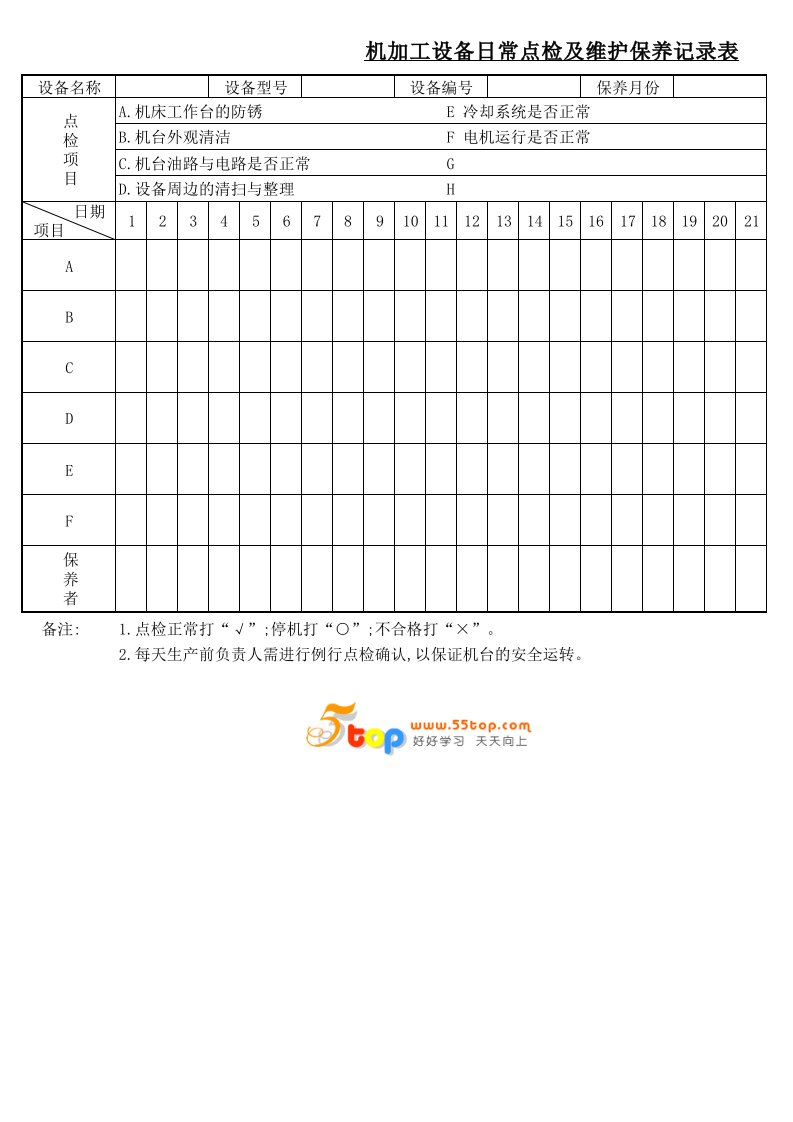 机加工设备日常点检及维护保养记录表