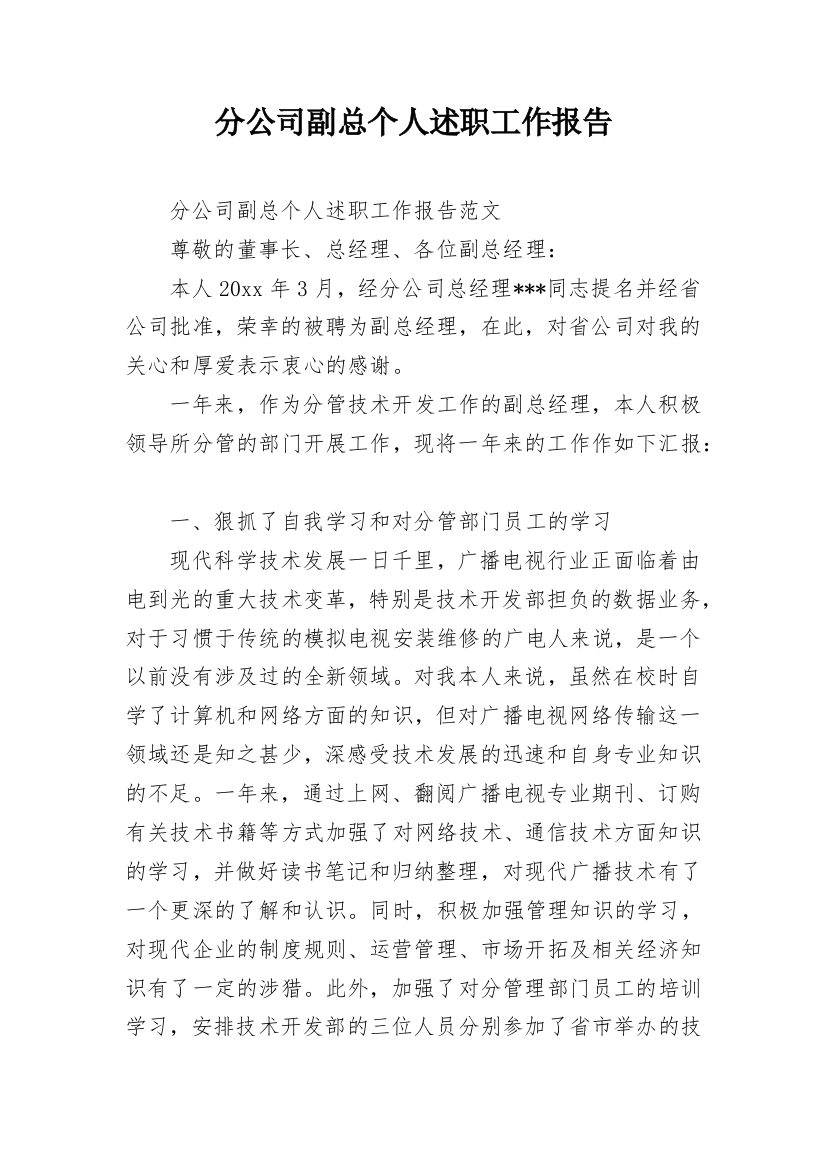 分公司副总个人述职工作报告