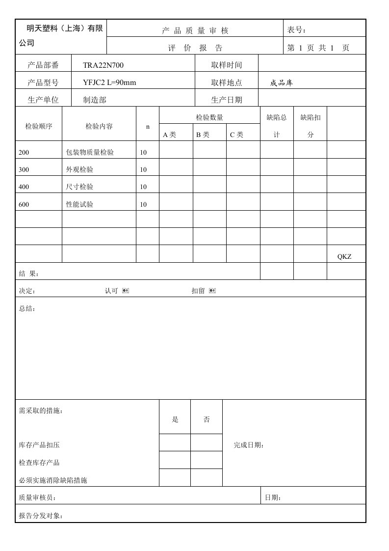 产品质量审核评价报告(YFJC2)