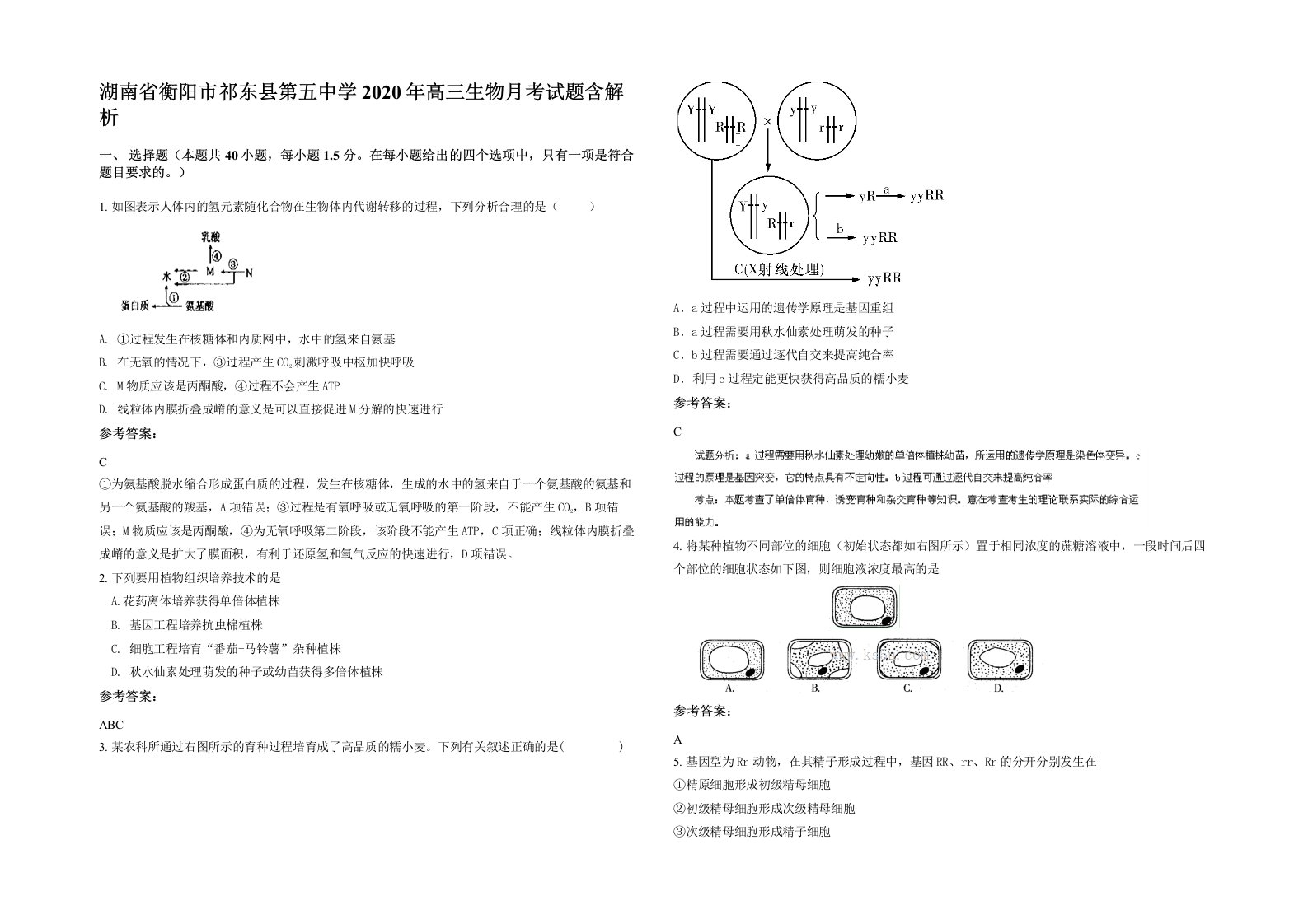 湖南省衡阳市祁东县第五中学2020年高三生物月考试题含解析