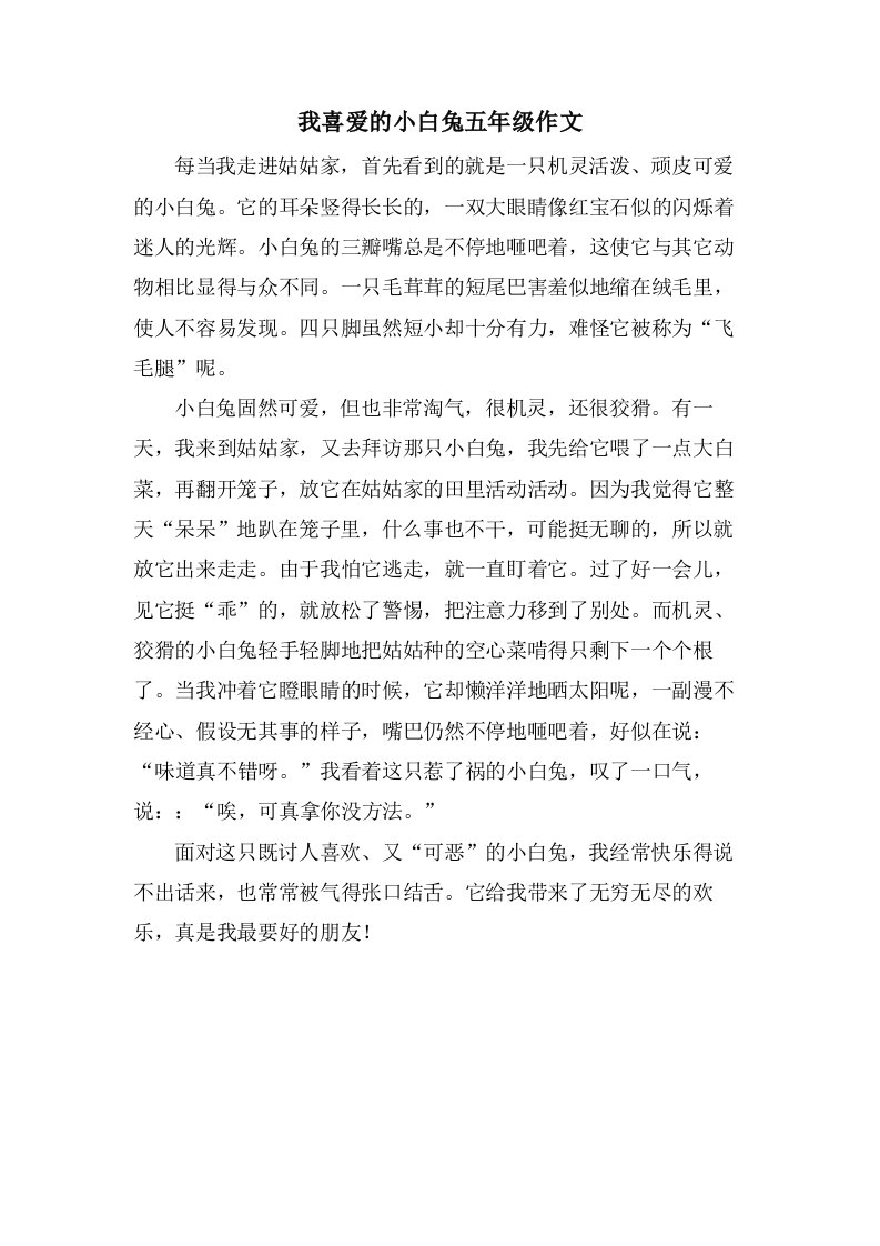 我喜爱的小白兔五年级作文