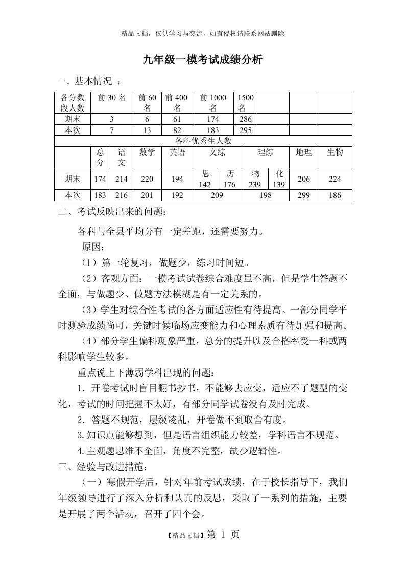 九年级成绩分析一模发言