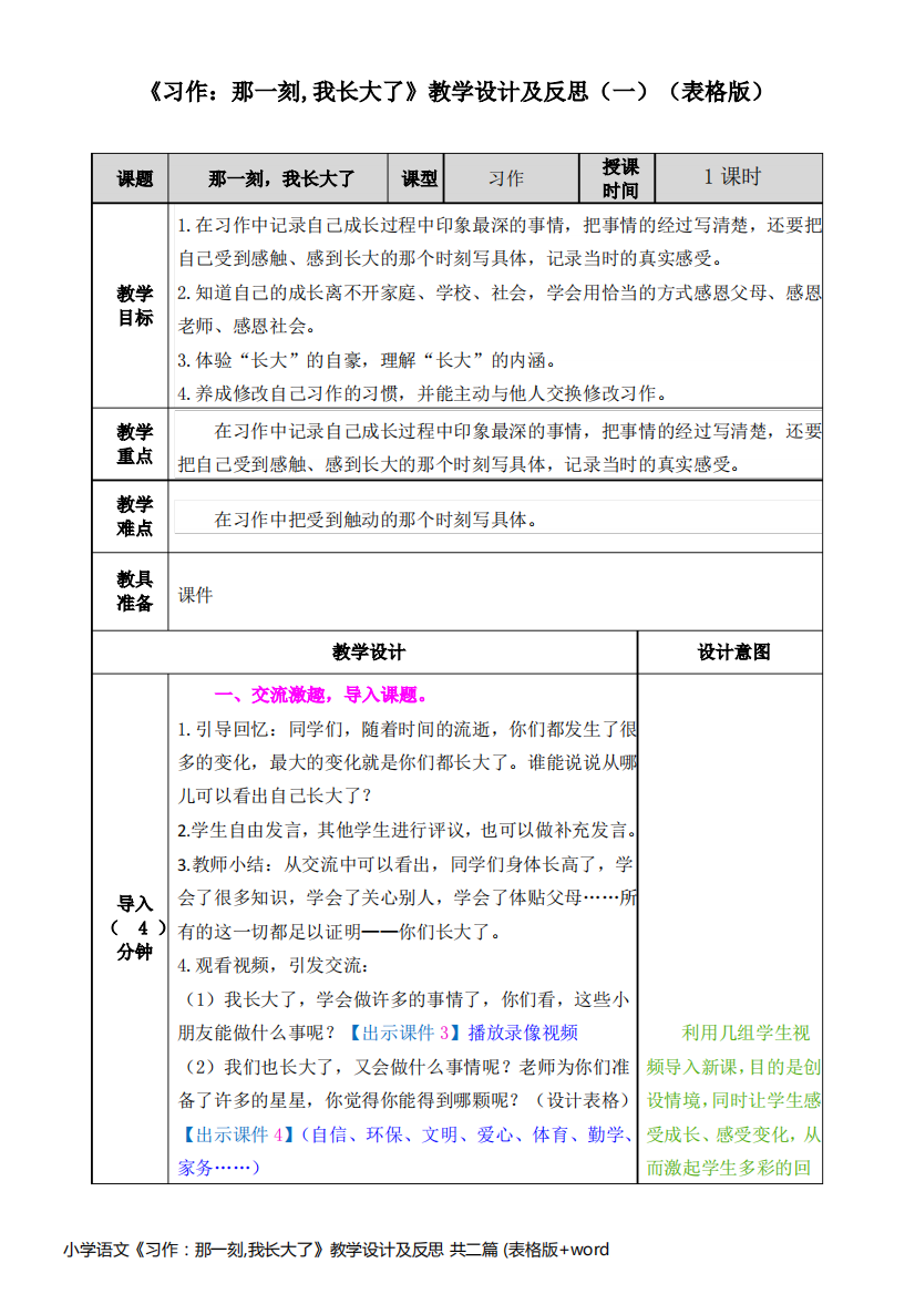 小学语文《习作：那一刻,我长大了》教学设计及反思