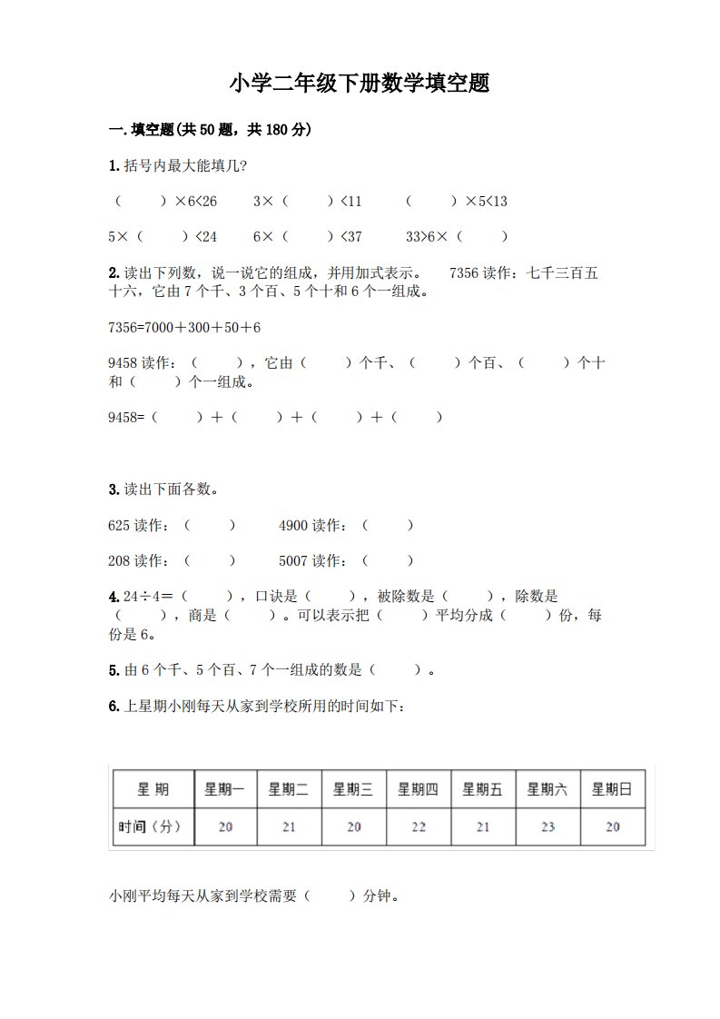 小学二年级下册数学填空题附完整答案(必刷)