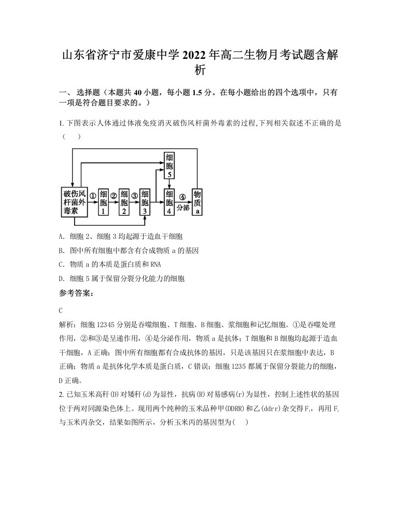 山东省济宁市爱康中学2022年高二生物月考试题含解析