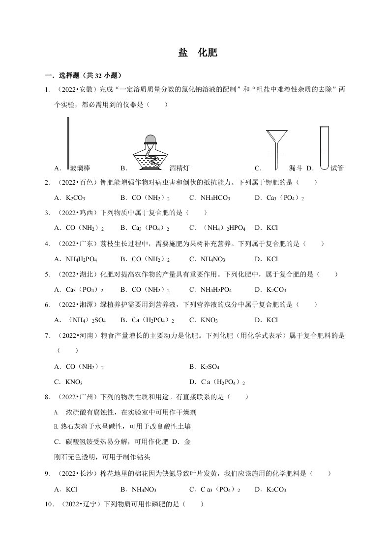 2022年中考人教版化学真题分类汇编：盐