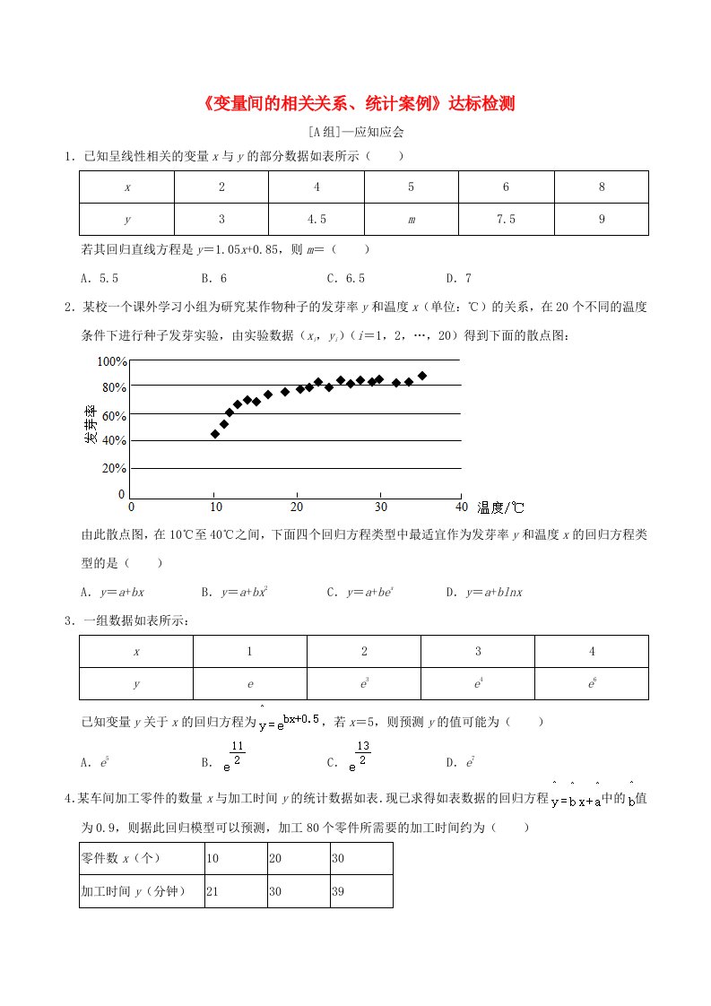 2024年新高考数学一轮复习达标检测第62讲变量间的相关关系统计案例学生版