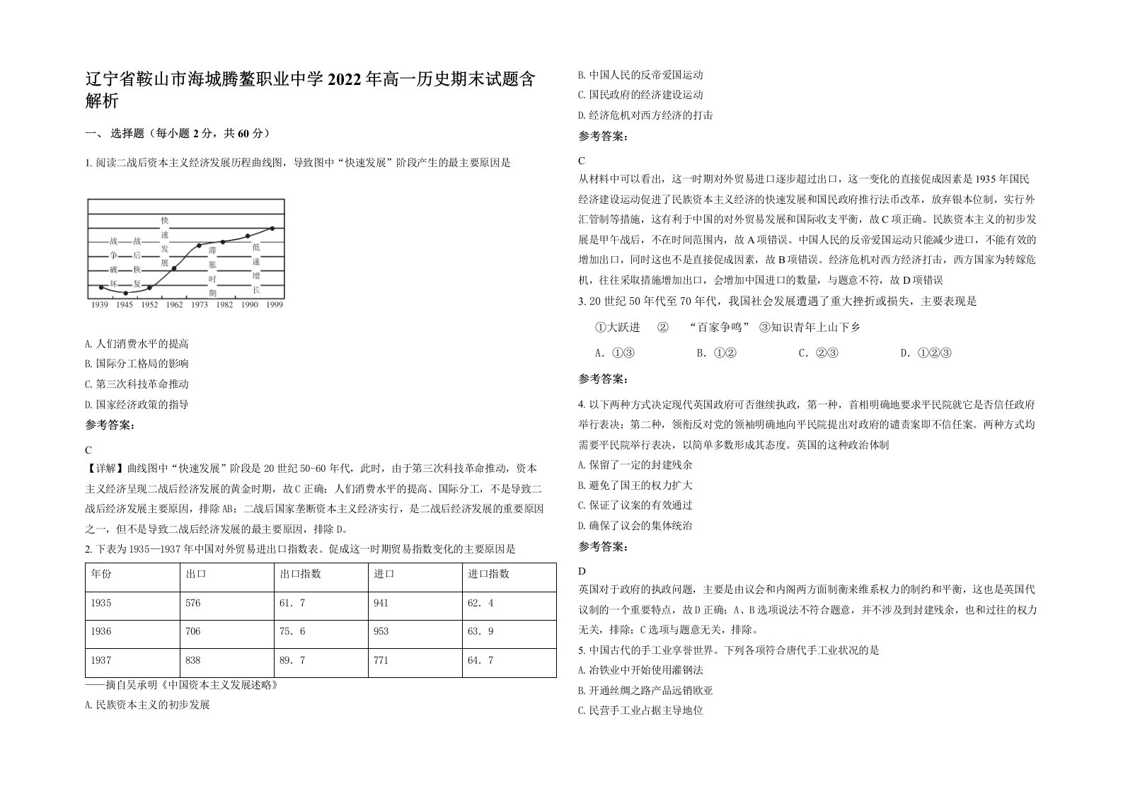 辽宁省鞍山市海城腾鳌职业中学2022年高一历史期末试题含解析