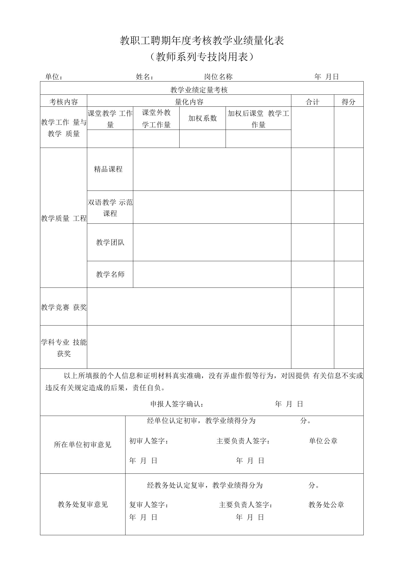 教职工聘期年度考核教学业绩量化表