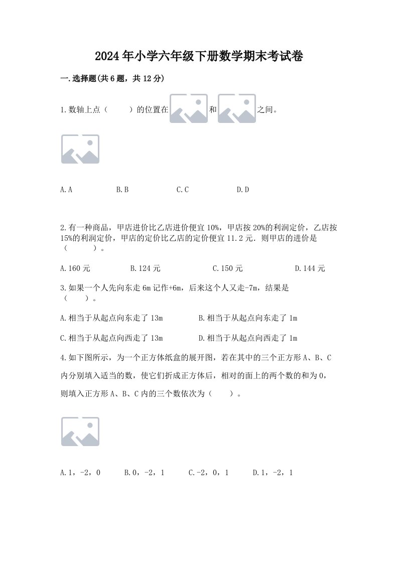 2024年小学六年级下册数学期末考试卷及答案【名师系列】