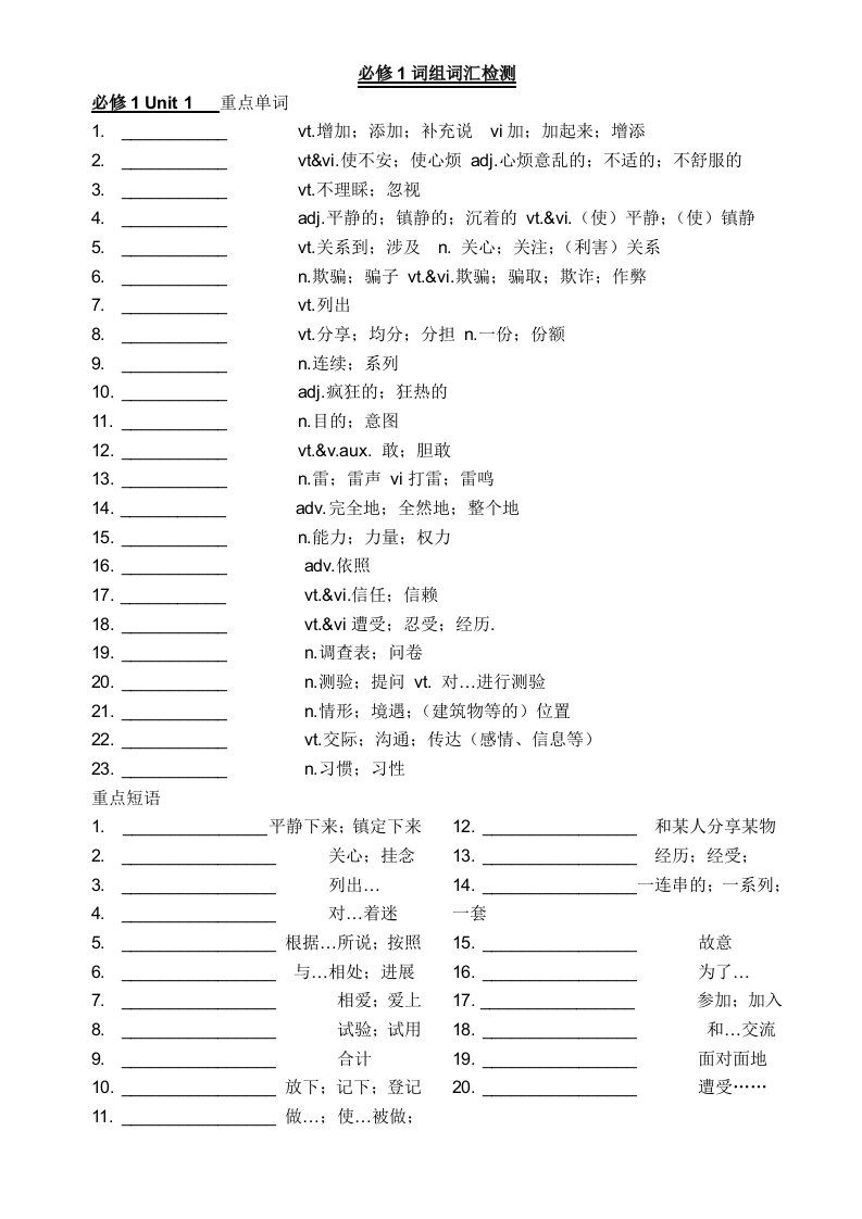 高中英语必修1选修8词组词汇整理修改版