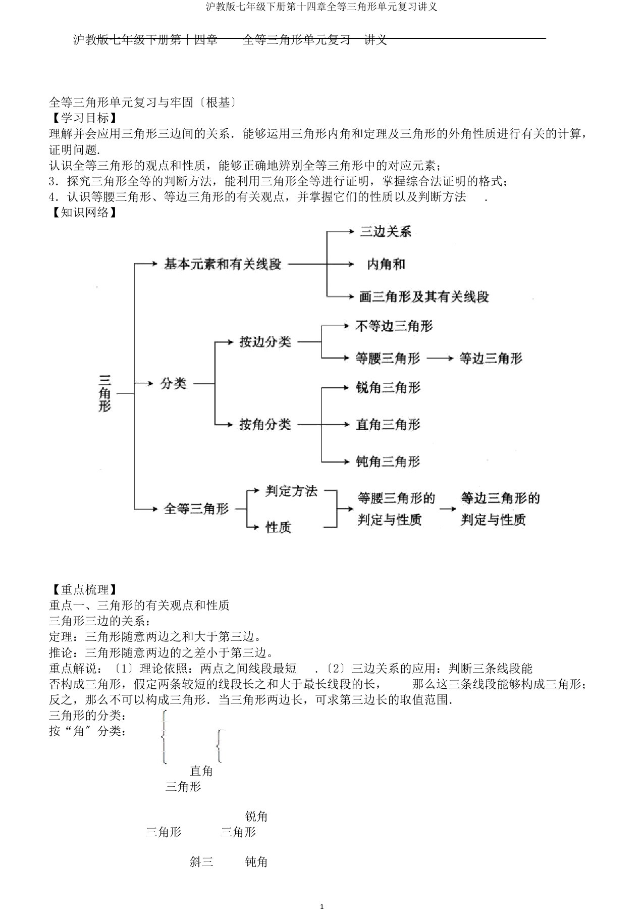 沪教版七年级下册第十四章全等三角形单元复习讲义