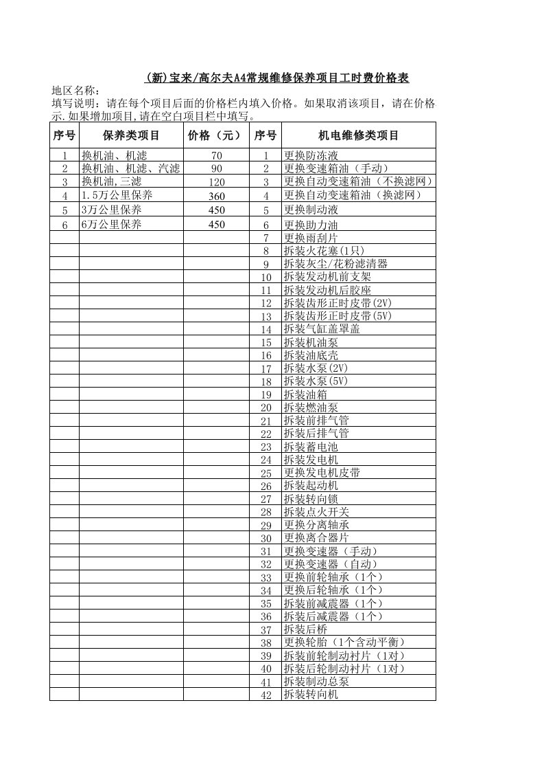 汽车维修工时表xl