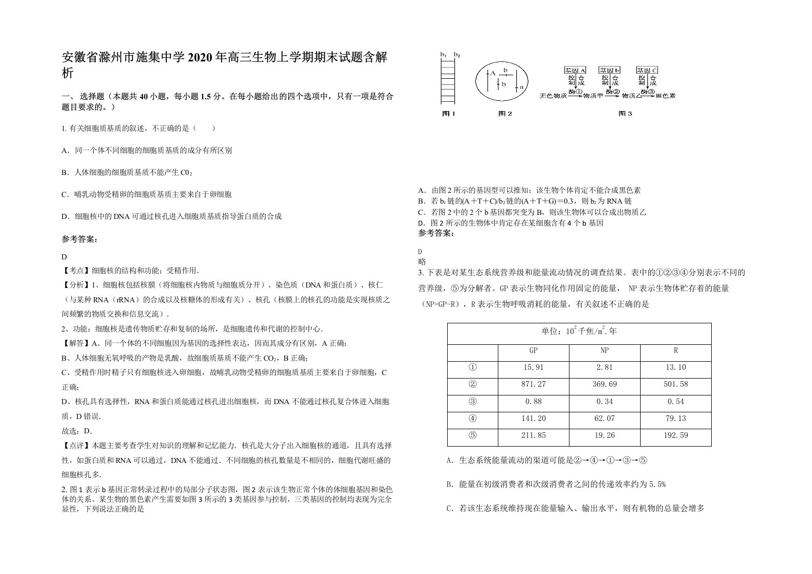 安徽省滁州市施集中学2020年高三生物上学期期末试题含解析