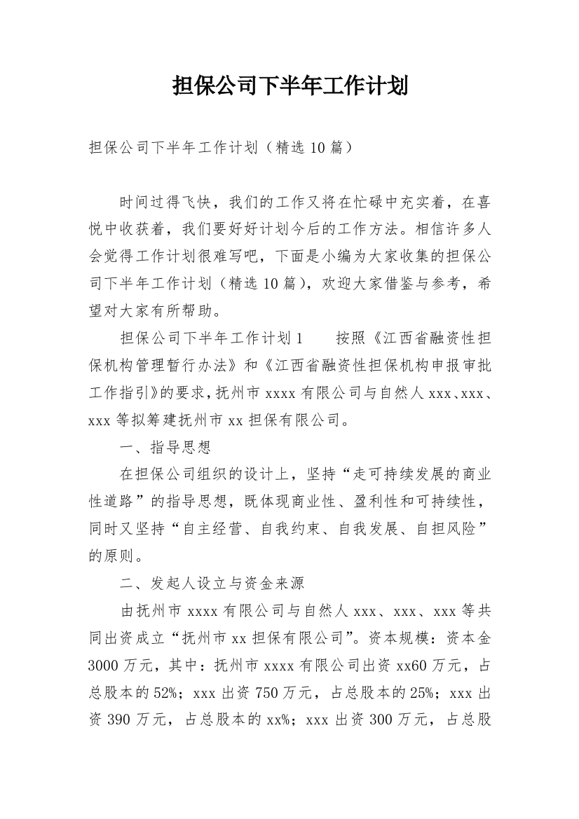 担保公司下半年工作计划