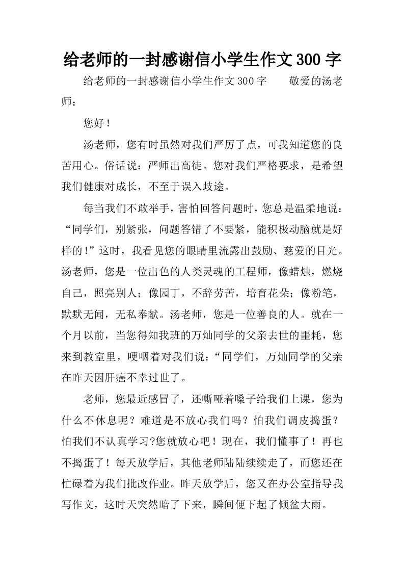 给老师的一封感谢信小学生作文300字.docx