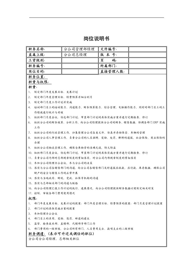 某分公司管理部经理岗位说明书