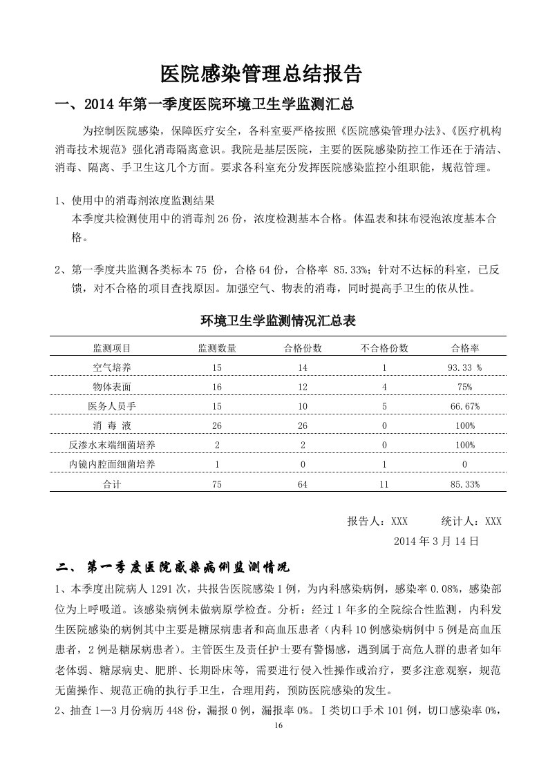 2014年第一季度院感