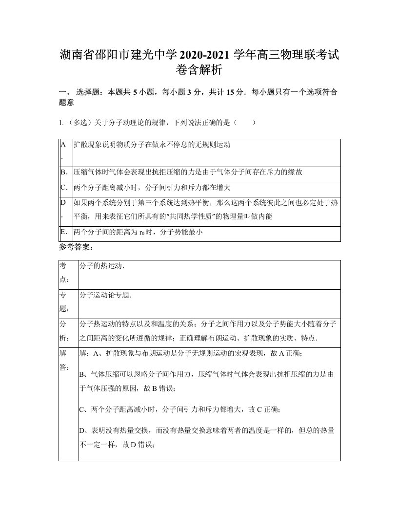 湖南省邵阳市建光中学2020-2021学年高三物理联考试卷含解析