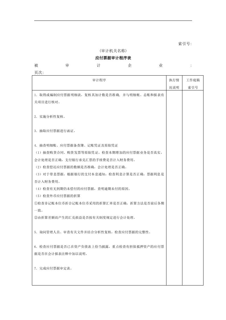 【管理精品】应付票据审计程序表