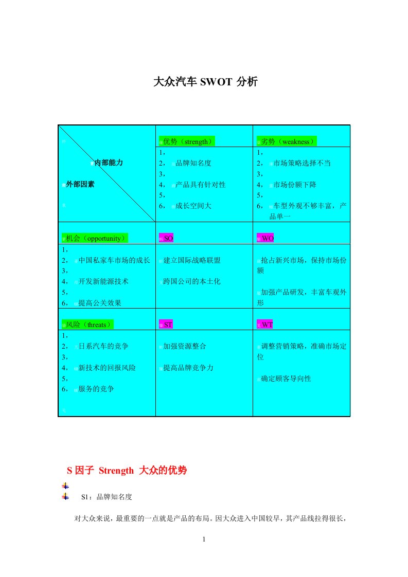 大众汽车SWOT分析