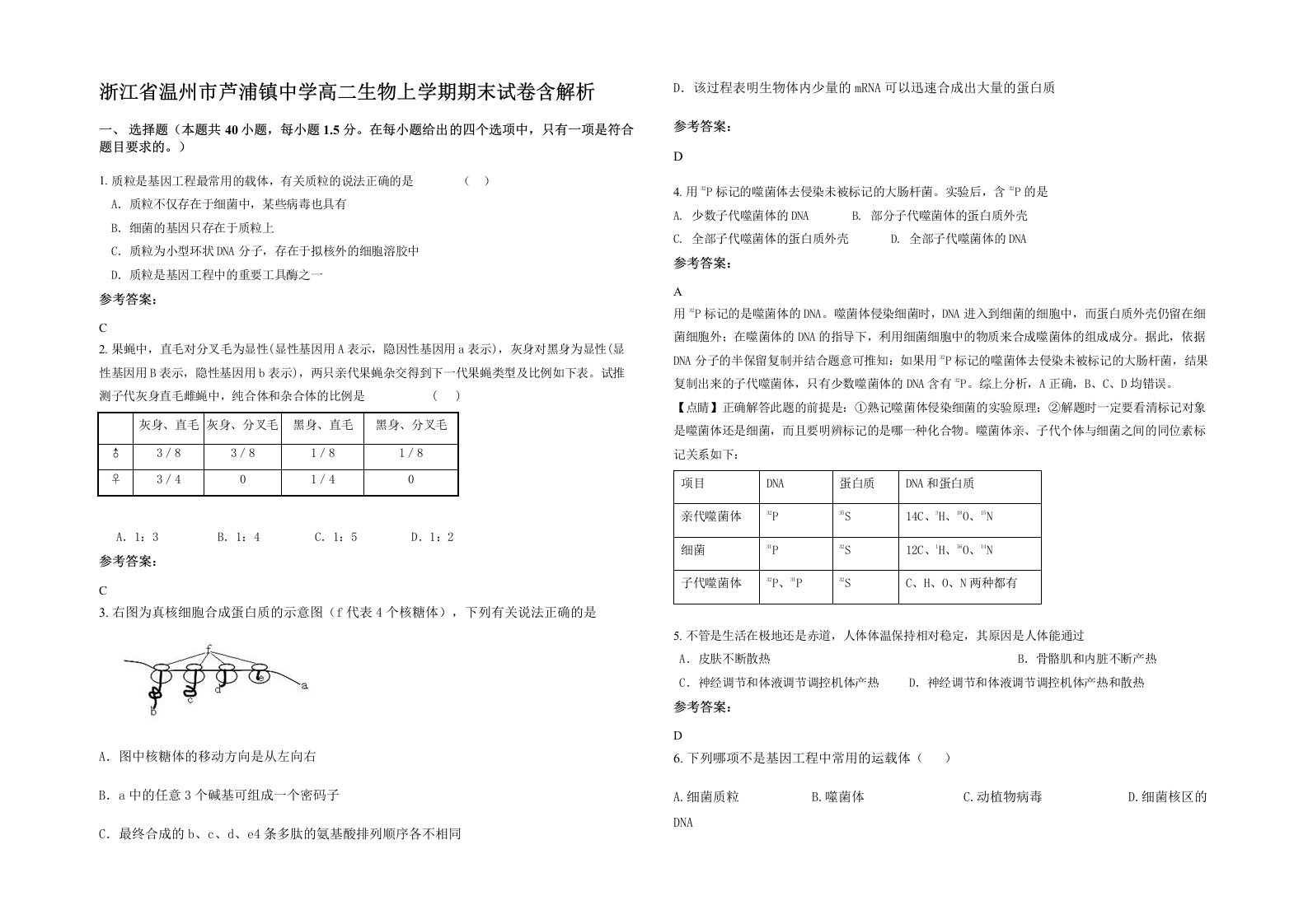 浙江省温州市芦浦镇中学高二生物上学期期末试卷含解析