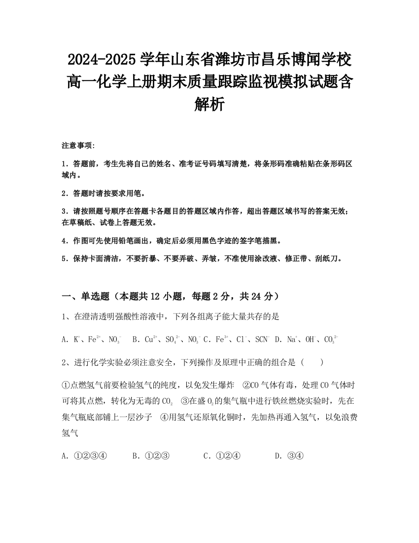 2024-2025学年山东省潍坊市昌乐博闻学校高一化学上册期末质量跟踪监视模拟试题含解析