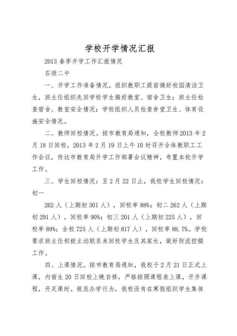 2022学校开学情况汇报