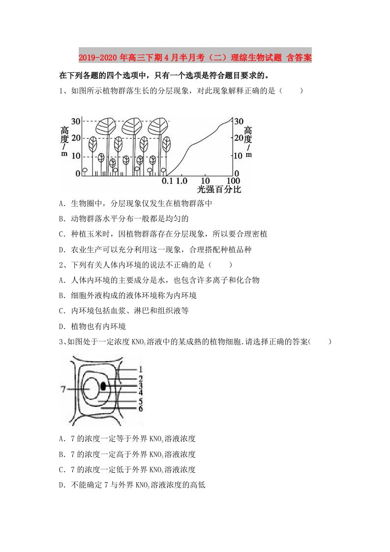 2019-2020年高三下期4月半月考（二）理综生物试题