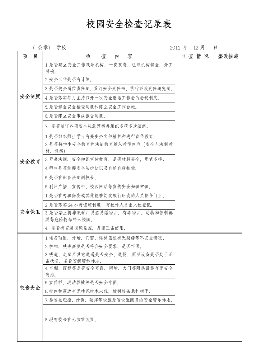 校园安全检查记录表001