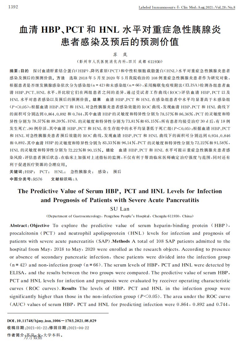 血清HBP、PCT和HNL水平对重症急性胰腺炎患者感染及预后的预测价值