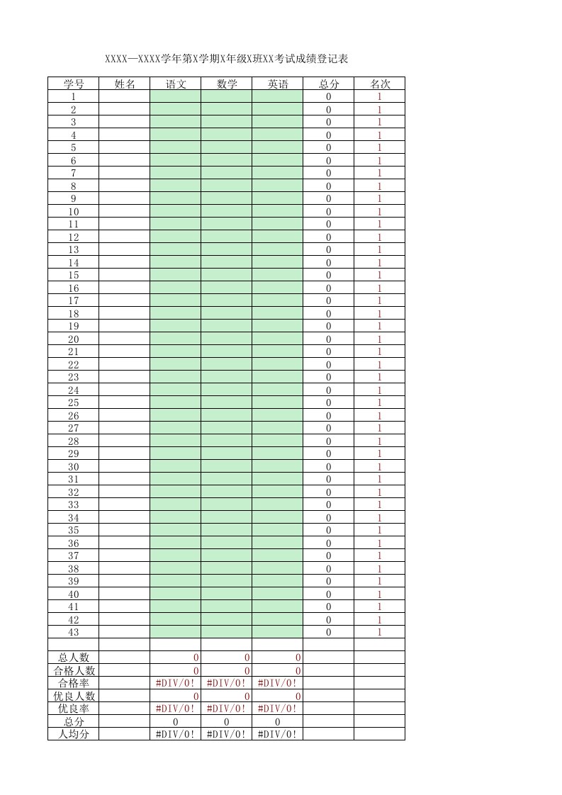 小学生考试成绩统计表模板