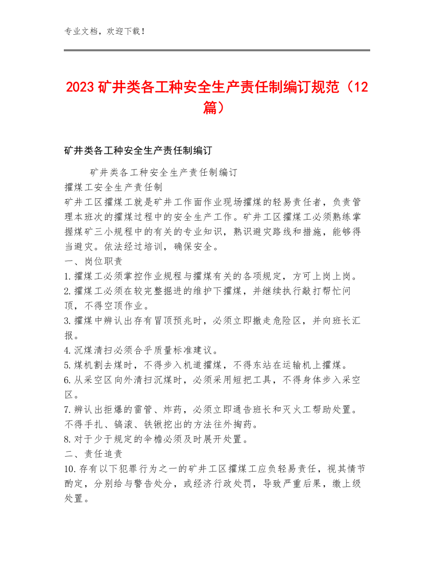 2023矿井类各工种安全生产责任制编订规范（12篇）