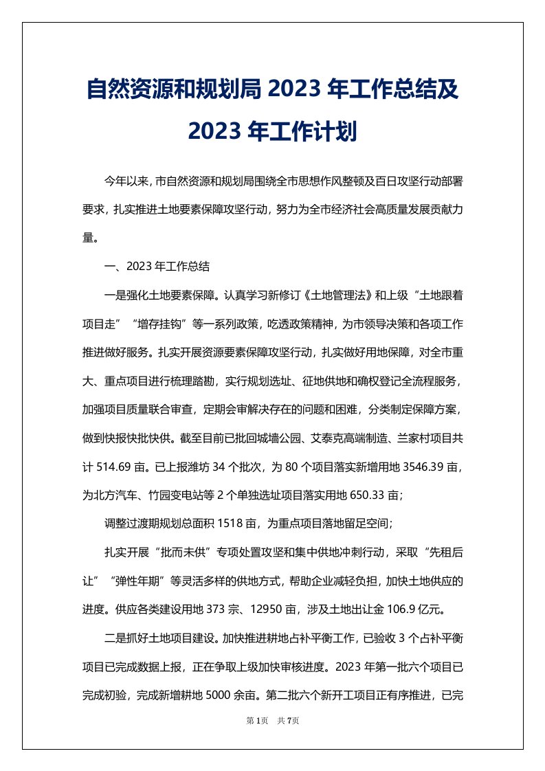 自然资源和规划局2023年工作总结及2023年工作计划