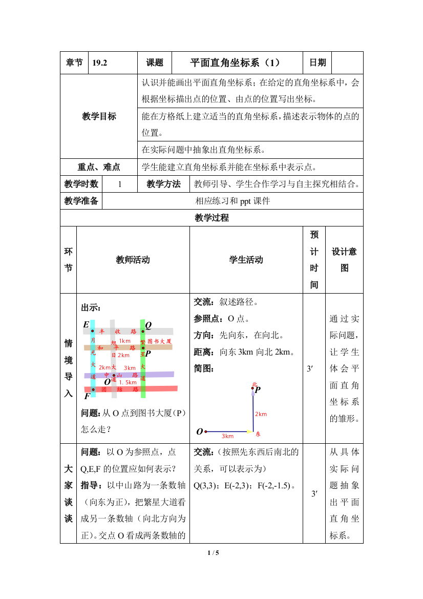 【小学中学教育精选】冀教版八年级下19.2平面直角坐标系(1)参考教案