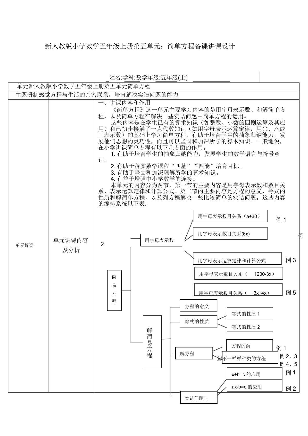 新人教版小学数学五年级上册第五单元简易方程备课教案