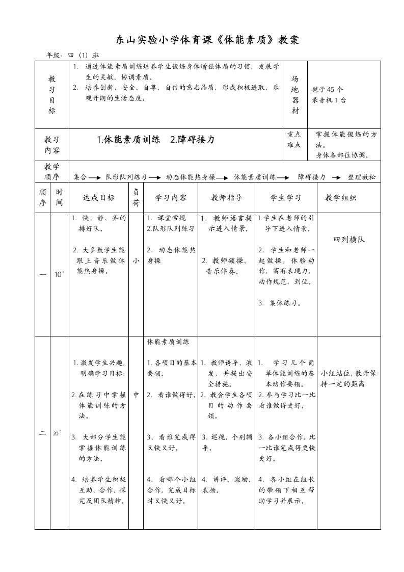 东山实验小学体育课《体能素质》教案