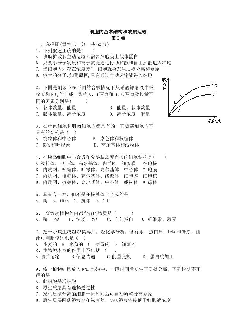 2011届高三生物一轮复习模拟试题：细胞的基本结构和物质运输