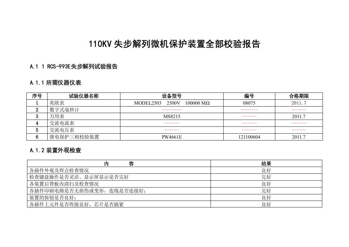 KV失步解列微机保护装置全部校验报告