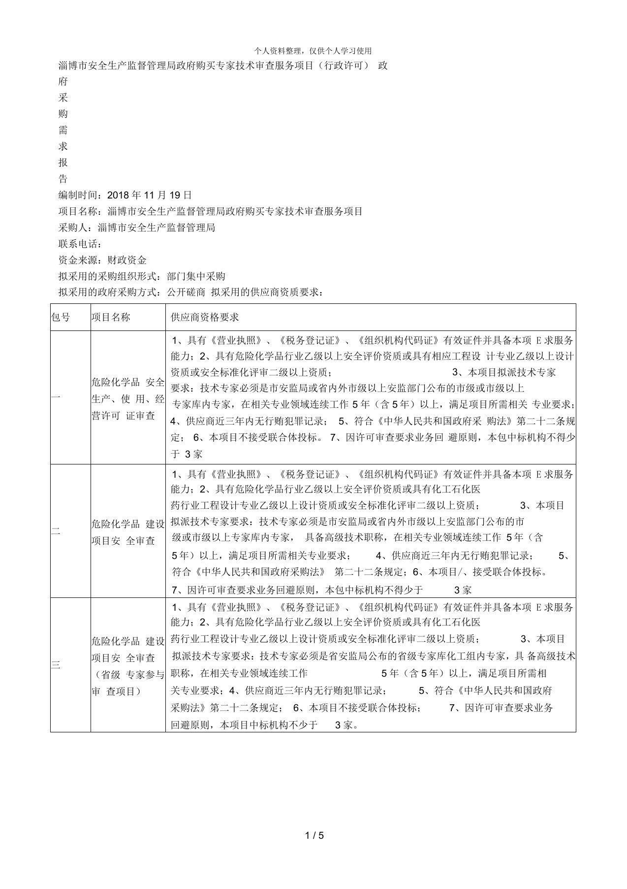 淄博市安全生产监督管理局政府购买专家技术审查服务项目政府采购需求报告