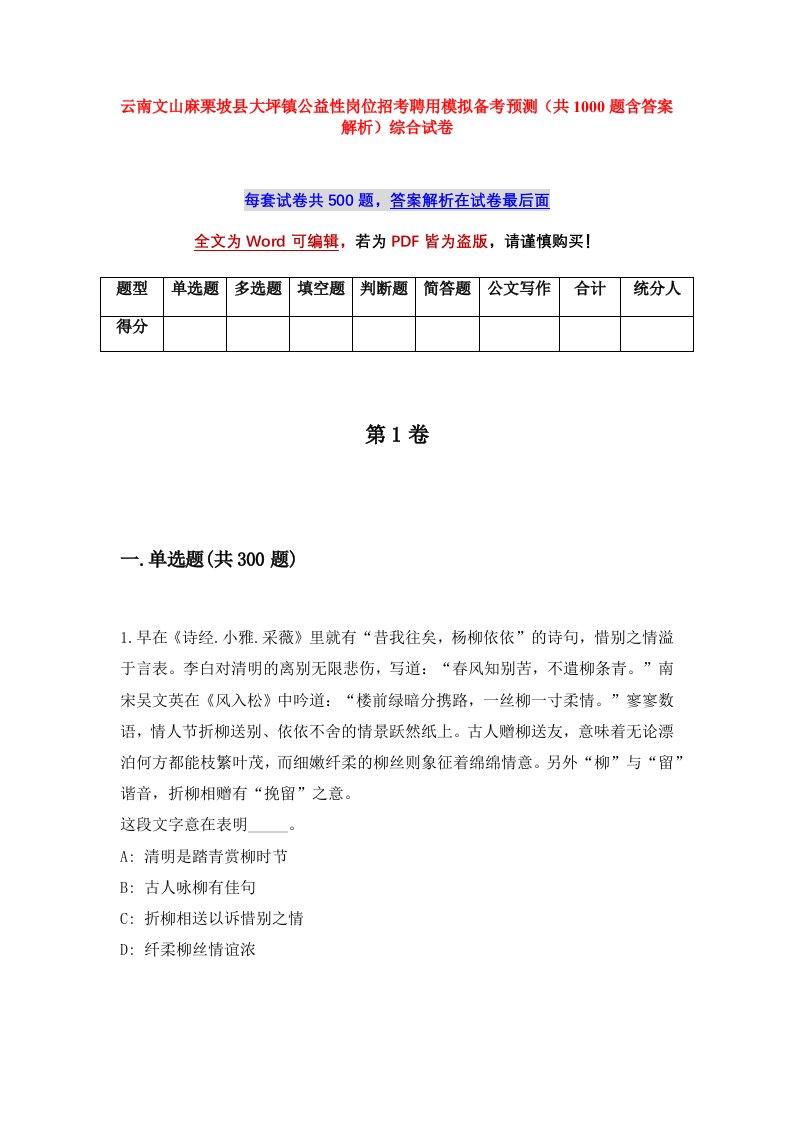 云南文山麻栗坡县大坪镇公益性岗位招考聘用模拟备考预测共1000题含答案解析综合试卷